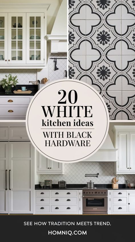 20 White Kitchen Ideas with Black Hardware: Minimalist Beauty   Embrace minimalist beauty with white simple kitchen ideas paired with black hardware. Ideal for a clutter-free and stylish cooking space. #MinimalistBeauty #ClutterFreeStyle Kitchen Backsplash With Black Countertop, White Simple Kitchen, Simple Kitchen Ideas, Contemporary White Kitchen, White Kitchen Ideas, Black Drawer Pulls, Black Drawers, Kitchen Clutter, Modern Appliances