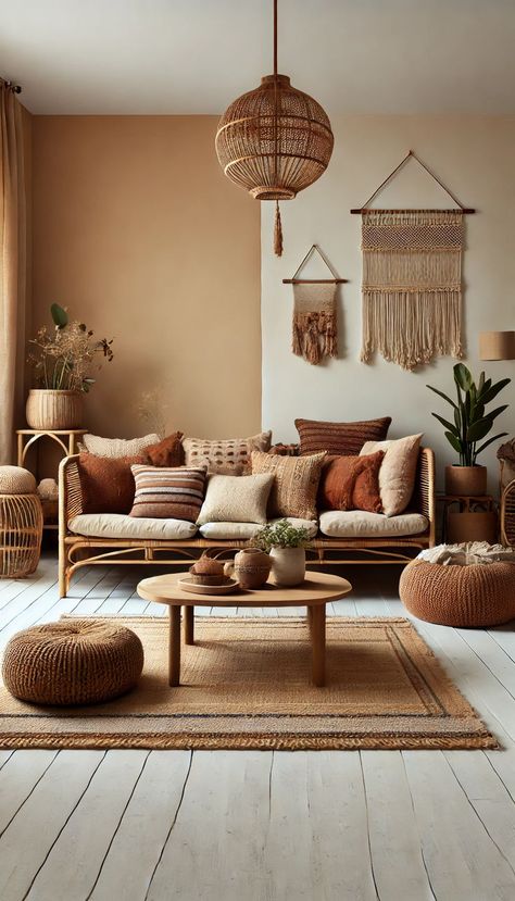 A minimalist Bohemian-style living room featuring rattan furniture, a low coffee table, and cushions and throws in earthy tones of brown, beige, and terracotta. The room includes a woven rug, potted plants, and hanging macramé, creating a warm and natural atmosphere that reflects a carefree Bohemian lifestyle Earthy Waiting Room, Earthy Rooms Aesthetic, Tuscan Boho Decor, Tulum Living Room Decor, Desert Aesthetic Decor Living Room, Cozy Living Rooms Bohemian, White Couch Boho Living Room, Living Room Earthy Tones, Tulum Inspired Living Room