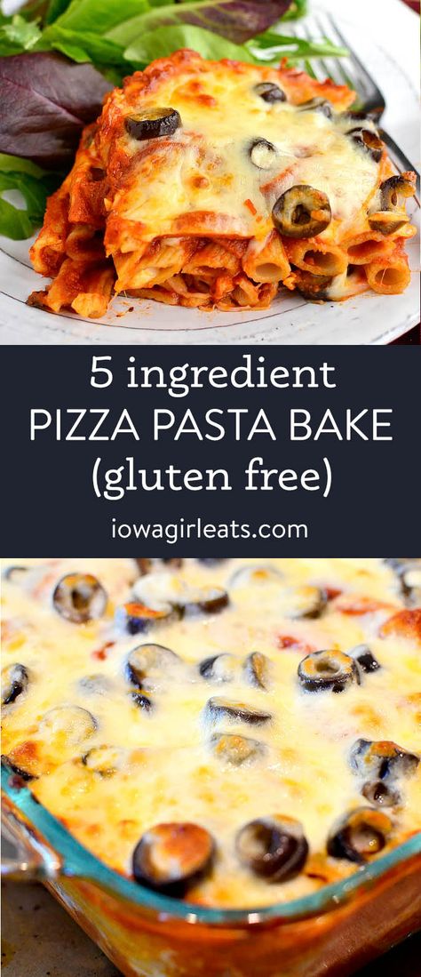 Pizza Pasta Bake is a cheesy, 5 ingredient gluten free casserole recipe that will satisfy your pizza cravings without having to call for delivery! iowagirleats.com keywords: pizza pasta, pizza pasta casserole, pizza pasta casserole recipe Gluten Free Pizza Casserole, Gluten Free Pasta Bake, Italian Casseroles, Pizza Pasta Casserole Recipe, Casserole Pizza, Gluten Free Casserole Recipes, Grain Dishes, Pizza Pasta Casserole, Gluten Free Casserole