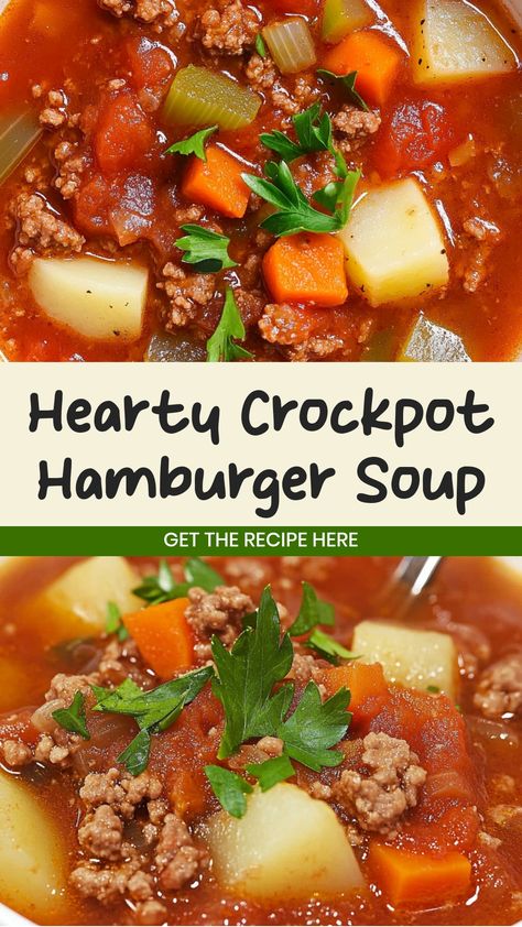 Warm up your dinners with a hearty and delicious crockpot hamburger soup! This savory dish is perfect for cozy nights in or as a comforting meal any time of the week. Packed with flavorful ingredients like ground beef, vegetables, and savory broth, this easy-to-make soup will quickly become a family favorite. Simply toss everything into your slow cooker and let it simmer to perfection. The amazing aroma will fill your kitchen while you relax and enjoy the convenience of a hot homemade meal waiti Crockpot Hamburger Soup Recipes, Crock Pot Hamburger Soup, Crockpot Hamburger Soup, Hamburger Soup Crockpot, Vegetable Soup With Ground Beef, Crockpot Beef Barley Soup, Slow Cooker Hamburger Soup, Hamburger In Crockpot, Hamburger Soup Recipe