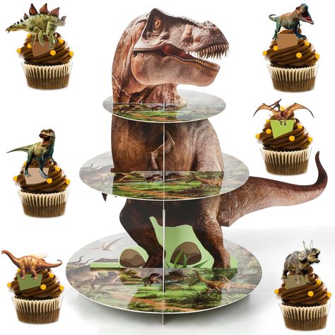 PRICES MAY VARY. Package includes: You will receive a 3-tier dinosaur themed cupcake stand and a total of 24 six different dinosaur cupcake toppers.It will hold enough cupcakes and desserts for larger parties of all kinds. Quality materials: The dinosaur themed dessert tower is made of high quality sturdy cardboard, strong and durable enough to hold party desserts. It adopts double-sided printing process, waterproof and reusable, adding lively atmosphere to your dinosaur theme party. Unique desi