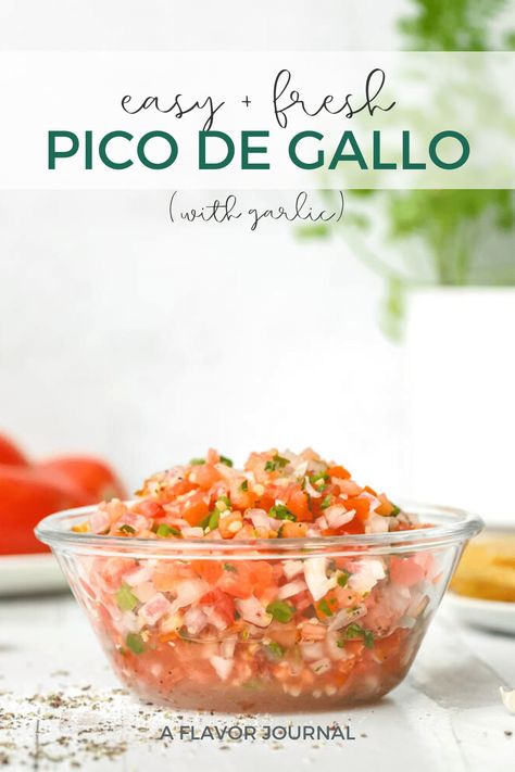 A quick and easy recipe for fresh, delicious pico de gallo with garlic! A great topping for any Mexican dish at home. Fresh Cilantro Recipes, Pico Recipe, Homemade Pico, Supper Tonight, Salsa Recipes, Veggie Meals, Seasonal Produce, Mexican Foods, Appetizers Recipes