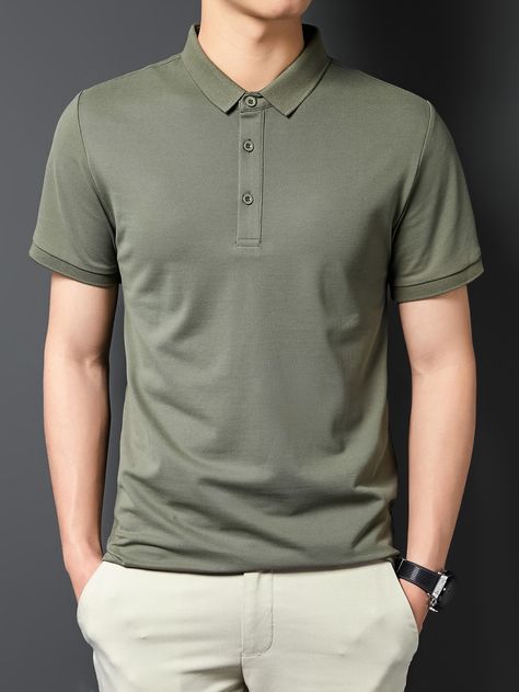 Army Green Basics  Short Sleeve Cotton Blends Plain   Slight Stretch Summer Men Tops Green Polo Shirt Outfit Men, Polo Shirt Outfit Men, Olive Green T Shirt, Plain Polo Shirts, Polo Shirt Outfits, Polo Outfit, Shirt Outfit Men, Free T Shirt Design, Grey Polo Shirt