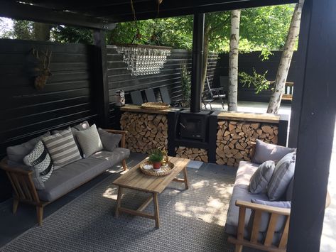 Garden Snug Area, Garden Shed And Seating Area, Outdoor Snug Area, Garden Room With Log Burner, Outdoor Log Burner, Modern Garden Rooms Uk, Cedar Garden Room, Cedar Clad Garden Room, Garden Wood Burner