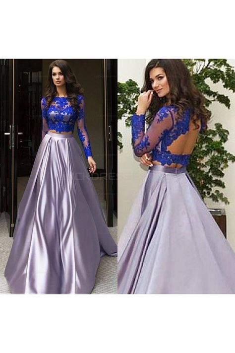 Grey Satin Skirt, Prom Dresses Long Sleeves, Two Piece Formal Dresses, Two Piece Evening Dresses, Dress Two Pieces, 2 Piece Prom Dress, Royal Blue Top, Two Piece Prom, Dresses Long Sleeves