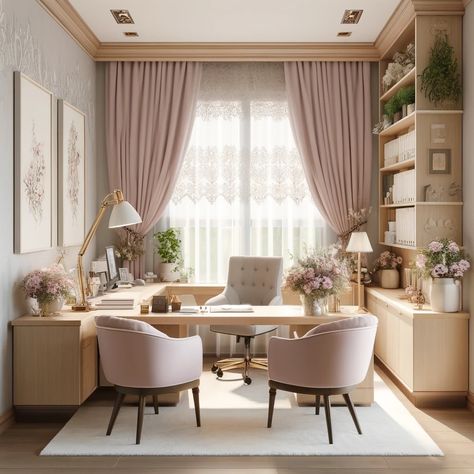 Pink And Beige Office, Soft Pink Office, Romantic Office Style, Pale Pink Office, Rose Gold Home Office, Girly Office Ideas, Office Color Ideas, Feminine Home Office Classy, Glamorous Office