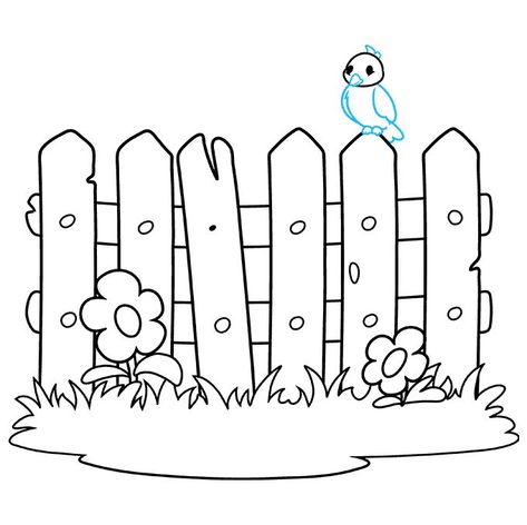 Fences Drawing, House Coloring Pages For Kids, Simple Fence, Printable House, Flower Coloring Sheets, Garden Coloring, Garden Coloring Pages, Bee Coloring Pages, Cartoon Trees