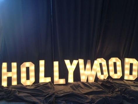 Hollywood Letters, 1950s Hollywood, Eclectic Lighting, Hollywood Party Theme, Movie Reels, Hollywood Event, Shot In The Dark, Channel Letters, I Love Lamp