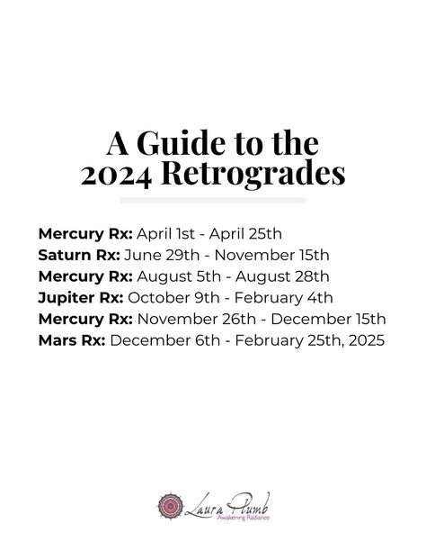 Your guide to the 2024 Retrogrades ✨ ✨Mercury Rx 4/1 - 4/25 This one is intense, encompassing a Solar Eclipse and involving Gandanta on April 9th, when Mercury gets knotted up in its crossing back into Pisces. ✨Saturn Rx 6/29 - 11/15 Prepare for a time of slowing down, and introspection, and possible disruption within social structures. Take a deeper look, be prepared to review and perhaps redo, and stay patient. ✨Mercury Rx 8/5 - 8/28 Each Mercury’s Retrograde this year involves Gandant... Mercury Retrograde August 2024, Saturn Retrograde 2024, Mercury Retrograde 2024, Saturn Retrograde, Astrology 101, Saturn Return, Witch Board, Rx 8, Mercury Retrograde