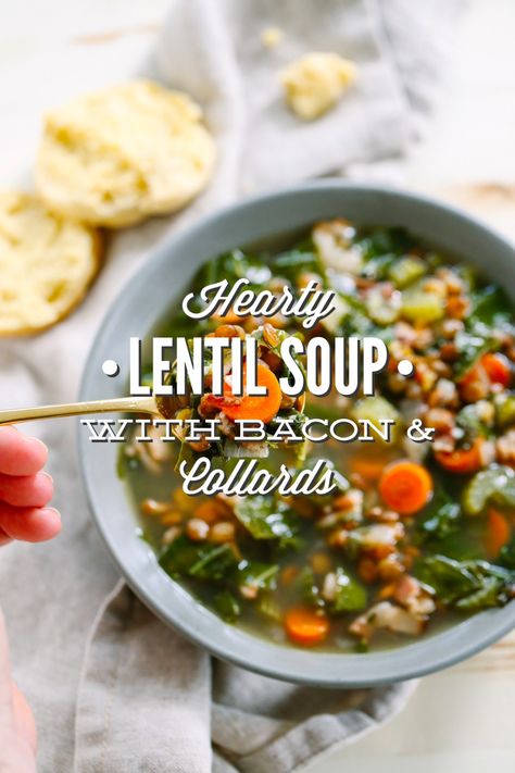 Made with bacon, hearty french lentils, and collard greens this soup is the perfect hearty, healthy, and warming dinner. Collard Greens Recipes, Lentil Soup With Bacon, Best Collard Greens Recipe, Soup For Winter, Homemade Lentil Soup, Collard Green Soup, Collard Greens With Bacon, Lentils Soup, Greens Recipes