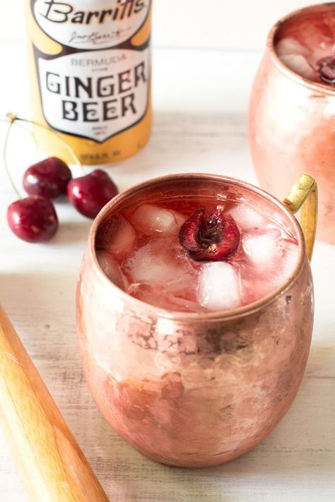 Very Cherry Moscow Mule | cakenknife.com Cherry Moscow Mule, Moscow Mule Drink Recipes, Christmas Sangria, Moscow Mules, Cherry Vodka, Moscow Mule Recipe, Copper Mug, Mule Recipe, Summer Coolers