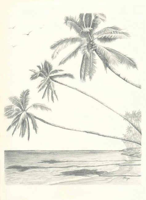 Pencil drawing Hawaii Palm Tree Sketch, Tree Drawings, Palm Tree Drawing, Tree Drawings Pencil, Beach Drawing, Palm Tree Beach, Pencil Drawing Tutorials, Tree Sketches, Palm Trees Beach