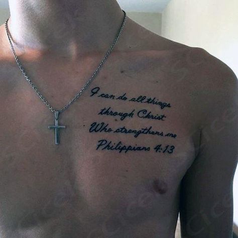 Discover the religious bible verse, I can do all things through Christ who strengthens me, with the top 40 best Philippians 4:13 tattoo designs for men. Bicep Tattoo Men Bible Verse, Best Christian Tattoos For Men, Bible Verse Chest Tattoo Men, Phil 4 13 Tattoo For Men, Bible Verses Tattoos For Men, Christian Tattoos For Men Chest, Tattoo Bible Verses Men, Bible Verse Tattoo Men, Religious Tattoos Men