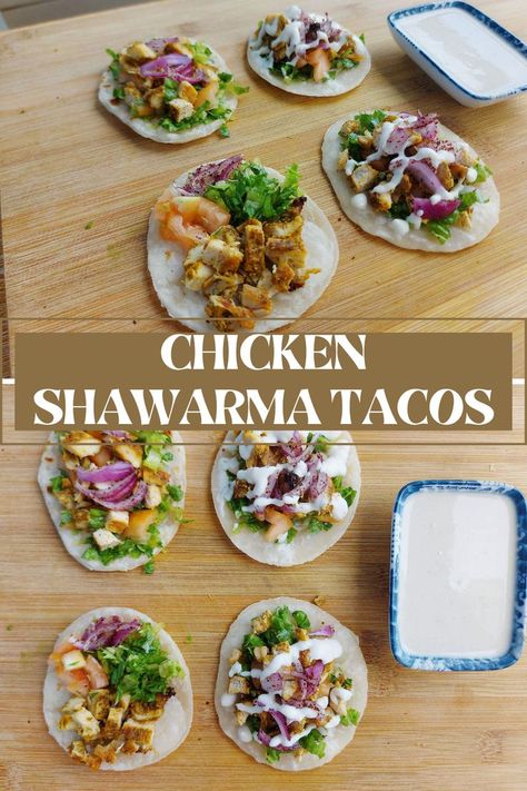 Chicken Shawarma Tacos is a Middle Eastern-inspired taco recipe that contains spiced baked chicken, onion, parsley, and tomatoes and drizzled with tahini sauce in tortilla bread. Tahini Chicken, Ground Chicken Tacos, Tortilla Bread, Ground Beef Tacos, Low Carb Chicken Recipes, Taco Recipe, Air Fryer Recipes Chicken, Dinner With Ground Beef, Chicken Shawarma