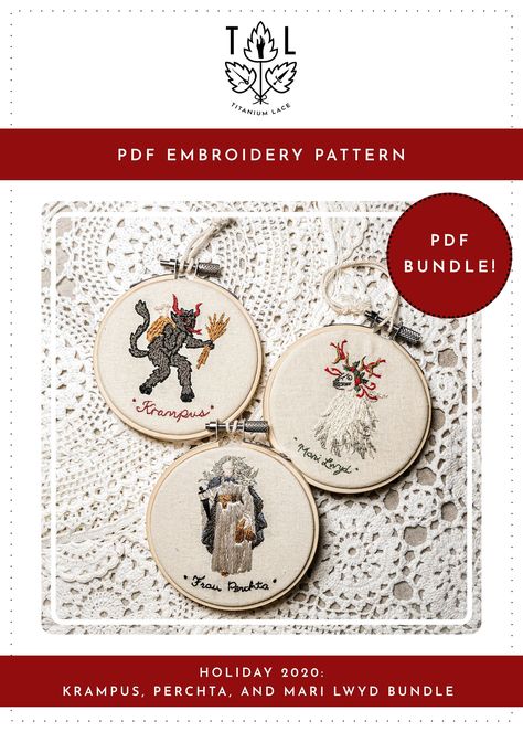 $7.00 | PDF Patterns "HOLIDAY 2020 BUNDLE" | embroidery hoop art, holiday embroidery, weird Christmas, holiday ornament, embroidered ornament by TitaniumLaceShop on Etsy Weird Embroidery, Satanic Christmas, Weird Christmas, Long And Short Stitch, Holiday Embroidery, Ornament Pattern, French Knot, Running Stitch, Star Stitch