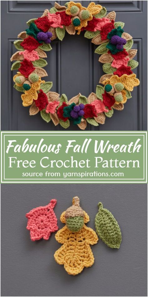 Seasonal Door Wreaths, Grape Crochet, Crochet Wreaths, Crochet Wreath Pattern, Fall Wreath Tutorial, Crochet Fall Decor, Thanksgiving Crochet, Autumn Crochet, Crochet Christmas Wreath