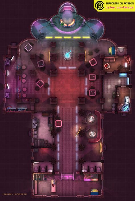 Night Club Battle Map, Dnd Club Map, Cyberpunk Ttrpg Map, Scifi Dnd Map, Cyberpunk Maps Rpg, Modern Dnd Maps, Dnd Modern Map, Scifi Battle Map, Cyberpunk Dnd Map