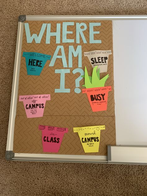 I made this RA board for me next year! Where Is Your Ra Door Sign, Where Is My Ra Board, Ra In And Out Board, Where Is Your Ra Board, Ra Personal Board, Cow Door Decs, Where’s My Ra Sign, College Dorm Hall Themes, Ra Birthday Board