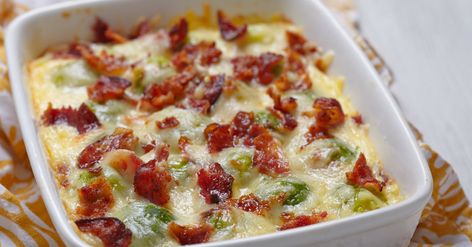 For Those Of You Who Don’t Like Brussel Sprouts, This Cheesy Casserole Will Change Your Mind! Brussel Sprout Casserole, Brunch Casserole, Bacon Brussel Sprouts, Cheesy Casserole, Supper Ideas, Sprouts With Bacon, 12 Tomatoes, Sprout Recipes, Brussels Sprouts Recipe