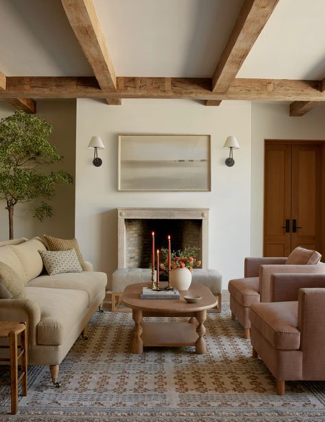 Hayden Double-Arm Sconce With Shade Scandi Traditional Interior, Light And Dwell Living Room, European Inspired Living Room, Transitional Family Room Design, Sconces Living Room Fireplace, Tv With Sconces On Side, Fireplace With Sconces, Soho Farmhouse Interiors, Sitting Room With Fireplace