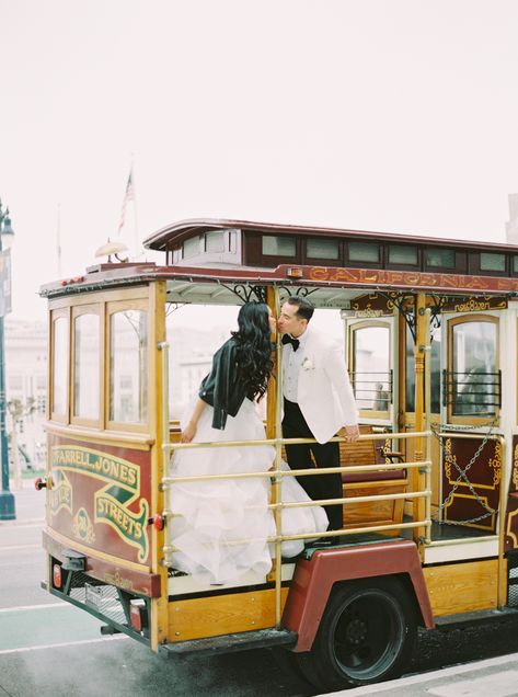 San Francisco City Hall Wedding - Trolley - Cable Car - White Tux - Lazaro Wedding Dress - Leather Jacket Wedding Trolley, City Hall San Francisco, San Francisco City Hall Civil Ceremony, San Francisco Trolley, Lazaro Wedding Dress, Sf City Hall Wedding, Cable Cars San Francisco, Car White, Car Wedding