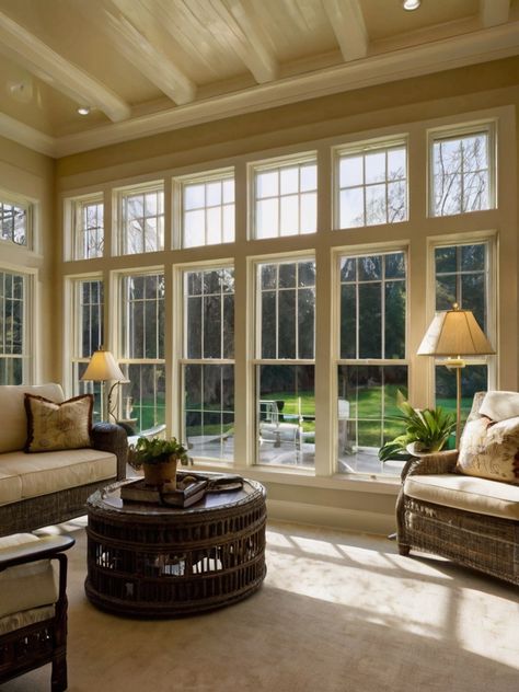 10 Sunroom Windows Ideas: Modern and Traditional Designs - Homezillo Sunroom Floor Plan, Kitchen To Sunroom Transition, French Sunroom, Windows Ideas Modern, Sunroom Bedroom Ideas, Sunroom Dining Room Ideas, Sunroom Library, Sunroom Dining Room, Sectional Coffee Table