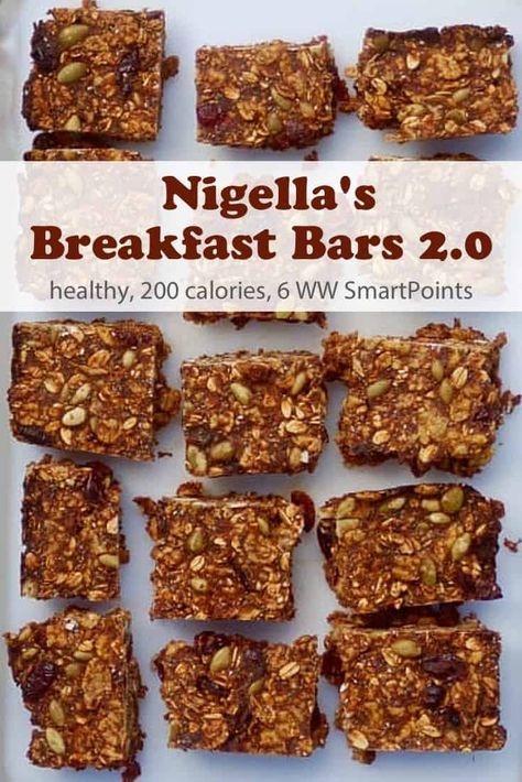 Nigella Lawson's breakfast bars 2.0 recipe (from Simply Nigella), which she describes as, "gluten-free, dairy-free and enough seeds to make you start sprouting." Make these healthy bars at the weekend, and you'll be set up for the week, if you're someone who needs to grab-and-go in the morning - only 6 Weight Watchers Freestyle SmartPoints! #simplenourishedliving #weightwatchers #wwfamily #wwfreestyle #smartpoints #breakfast #easyhealthyrecipe Healthy Breakfast Bars, Simply Nigella, Gluten Free Breakfast Bars, Nigella Lawson Recipes, Breakfast Bars Healthy, Sugar Free Breakfast, Breakfast Bars Recipe, Pastas Recipes, Healthy Bars