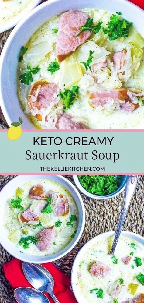 If you’ve been on a keto low carb journey you may be looking for more easy options to bring to your dinner table. This Creamy Sauerkraut Kielbasa Soup is the answer to your easy weeknight dinner. || The Kellie Kitchen Creamy Sauerkraut, Soup With Kielbasa, Keto Budget, Kielbasa Soup, Sauerkraut Soup, Healthy Low Carb Dinners, Sauerkraut Recipes, Ham Soup, Budget Recipes