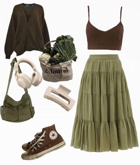 Outfit Ideas With Green Skirt, Earth Vibe Outfits, Earth Grunge Aesthetic Outfit, Green Flowy Skirt Outfit, Simple Green Dress Casual, Green Asthetics Outfit, Long Hippie Skirt, Green Grunge Clothes, Forest Core Outfits Grunge