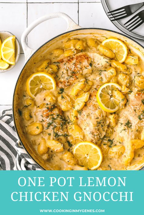 Tender pan-fried chicken & fluffy gnocchi are the stars of this one pan lemon chicken gnocchi. A delicious dinner with a creamy lemon sauce! Lemon Chicken Dutch Oven, Lemon Chicken And Gnocchi, Lemon Gnocchi Chicken, Late Summer Dinner Ideas, Garlic Chicken Gnocchi, Lemon Chicken Gnocchi, Lemon Gnocchi, One Pan Lemon Chicken, Creamy Lemon Garlic Chicken