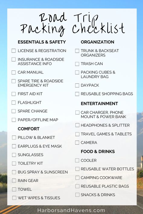 50 of the Best Road Trip Packing List Essentials This Year (Free Checklist) — Harbors & Havens Road Trip Checklist Travel Packing, 4 Day Road Trip Packing List, Car Road Trip Essentials For Adults, How To Plan A Road Trip, Car Trip Essentials Packing Lists, 4 Hour Road Trip Essentials, Car Trip Food, Trip Website, Long Road Trip Essentials