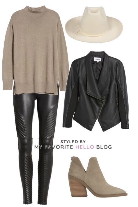 How to Style Spanx Faux Leather Moto Leggings. Howt to wear faux leather leggings. What to wear with moto leggings. #motoleggings #fauxleatherleggings #falloutfits Moto Faux Leather Leggings Outfit, Moto Leggings Outfit Winter, Moto Leggings Outfit, Leggings Outfit Dressy, Leather Leggings Outfit Night, Leather Leggings Fall, Leather Leggings Casual, How To Style Faux Leather Leggings, Leather Leggings Look