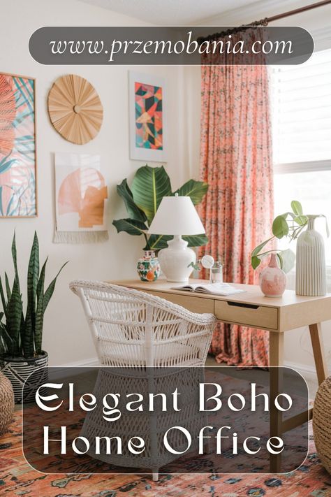 This boho home office is all about cute boho touches mixed with dramatic home decor. The vibrant bohemian color palette and boho chic decor elements make for a workspace that’s both charming and inspiring. Perfect for those who enjoy a mix of whimsy and bold design in their daily environment. #bohohomeoffice #cuteboho #dramatichomedecor #bohochicdecor #bohemiancolorpalette #bohemianstyle #colorfulbohointerior #romanticbohoaesthetic #bohemianhomeoffice #aestheticdormdecor Boho Chic Office Decor, Eclectic Office Decor, Boho Chic Office, Creative Workspace Design, Boho Office Decor, Bohemian Home Office, Boho Home Office, Bohemian Color Palette, Chic Workspace