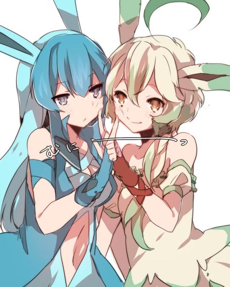 2girls ahoge animal_ears aqua_hair blonde_hair blue_eyes blue_hair glaceon green_hair leafeon long_hair multicolored_hair multiple_girls navel personification pokemon poking rough smile takeshima_(nia) two-tone_hair white_background yellow_eyes Pokémon Gijinka, Hair White Background, Pokemon Human Form, Blue Eyes Blue Hair, Gijinka Pokemon, Two Tone Hair, Pokemon Costumes, Pokemon People, Aqua Hair