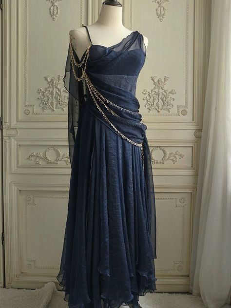 Gothic Navy Blue Fantasy Dress - Fairy Evening Dress with Draped Pearls Plus Size - WonderlandByLilian Blue Fantasy Dress, Purple Elf, Cascading Layers, Nontraditional Wedding Dress, Champagne Evening Dress, Vintage Dress Shop, Dress Pearl, Sequin Evening Gowns, Pink Formal Dresses