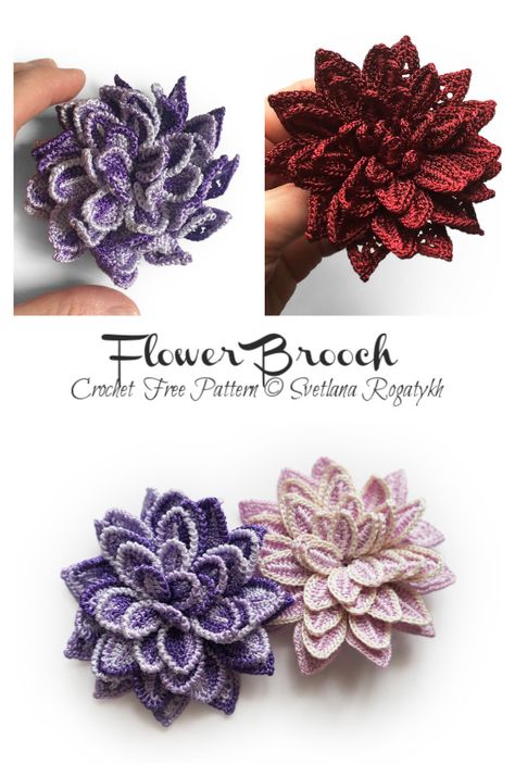 Flower Brooch Crochet Free Pattern Crochet Brooches Free Patterns, Crochet Corsage Pattern Free, Irish Crochet Flowers Pattern, Crochet Gift Ideas Free Pattern, Crochet Wedding Ideas, Crochet Small Flowers Free Pattern, Tunisian Crochet Flowers Free Pattern, Crochet 3d Flowers Free Pattern, Crochet Brooch Pattern Free