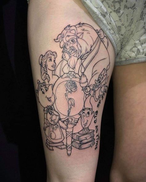 Beauty And The Beast Tattoo Design, Disney Collage Tattoo, Disney Thigh Sleeve Tattoo, Matching Tattoos Beauty And The Beast, Disney Leg Sleeve Tattoo, Tattoos Beauty And The Beast, Thigh Disney Tattoo, Disney Tattoo Sleeves For Women, Disney Leg Tattoos For Women