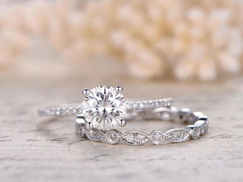 7mm Round Cut Charles  Colvard Moissanite Ring Moissanite Engagement Ring Set Dream Proposal, Vowel Renewal, White Diamond Rings Engagement, Cool Wedding Rings, Wedding Rings Round, Custom Wedding Rings, Beautiful Wedding Rings, Round Engagement Rings, Wedding Rings Halo