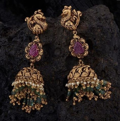 Antique Buttalu Earrings Gold, Jumkis Indian Jewelry Gold, Gold Jhumkas, Gold Earrings For Kids, Neck Pieces Jewelry, Antique Necklaces Design, Gold Earrings Models, Diamond Earrings Design, Antique Jewellery Designs