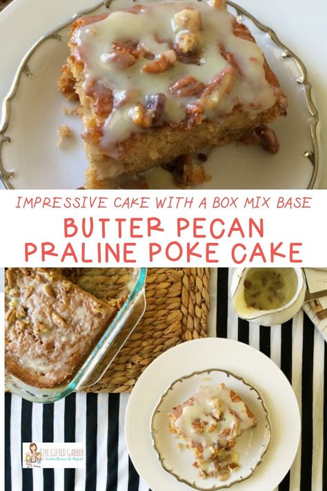 If you love butter pecan, this butter pecan praline poke cake is for you! It is special enough for a birthday but also easy enough for most anyone to make. It is doctored box cake that tastes so much like homemade, no one will ever know it involves a cake mix! Drizzle the butter pecan frosting over the warm cake for a delicious and rich dessert! - The Gifted Gabber - #cake #recipes #dessert #butterpecan Prize Winning Desserts, Doctored Box Cake, Butter Pecan Frosting, Butter Pecan Praline Poke Cake, Pecan Praline Poke Cake, Fancy Desserter, Pecan Frosting, Praline Cake, Butter Pecan Cake