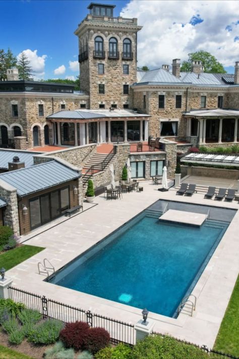 Socialites, style influencers, solarium and speakeasy—this New Jersey mansion has it all! A 19th-century stone mansion in New Jersey with ties to the Astor family—and which has been the longtime home of fashion designer Marc Ecko and his family—has hit the market for $13.75 million. New Jersey Mansion, Purple Dining Room, Big Mansions, Style Influencers, Create Board, Stone Mansion, Limestone Fireplace, Contemporary Color Palette, Iron Balcony