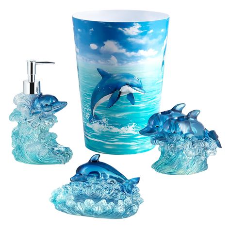 PRICES MAY VARY. Add a vibrant burst of color to your bathroom with the Jump for Joy Bath Accessory Collection 4pc set by Allure Home Creation. Resin leaping dolphin design. Lotion Pump crafted of resin with plastic pump, resin Toothbrush Holder, resin Soap Dish and plastics Wastebasket. The leaping dolphin design 4pc Set includes Lotion Pump, Toothbrush Holder, Soap Dish and Wastebasket Lotion Pump with plastic pump: 5.10" x 4.10" x 7.50". Holds 6.09 oz liquid soap or lotion. Toothbrush Holder: Resin Soap Dish, Ocean Themed Bathroom, Fish Bathroom, Ocean Bathroom, Girl Apartment Decor, Dolphin Design, Kids Bathroom Accessories, Toothbrush Organization, Pretty Bathrooms