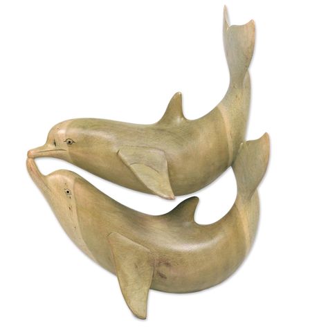 Balinese Hand Carved Dolphin Wood Figurine Wooden Swan, Realistic Sculpture, Ocean Room Decor, Wood Figurine, Playful Kiss, Metal Fish, Wood Carver, Sculptures For Sale, Buy Wood