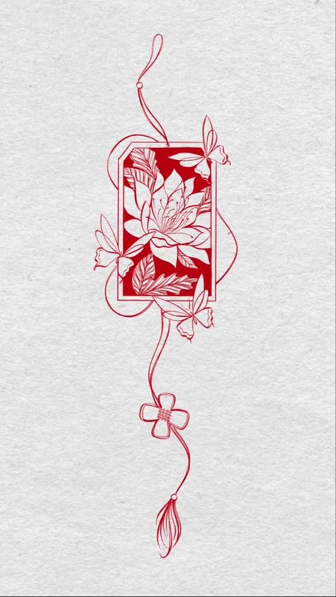 Vietnamese Inspired Tattoo, Chinese Character Tattoos, Tatuaje Studio Ghibli, Charm Tattoo, Lantern Tattoo, Knot Tattoo, Red Ink Tattoos, Red Tattoos, Spine Tattoos