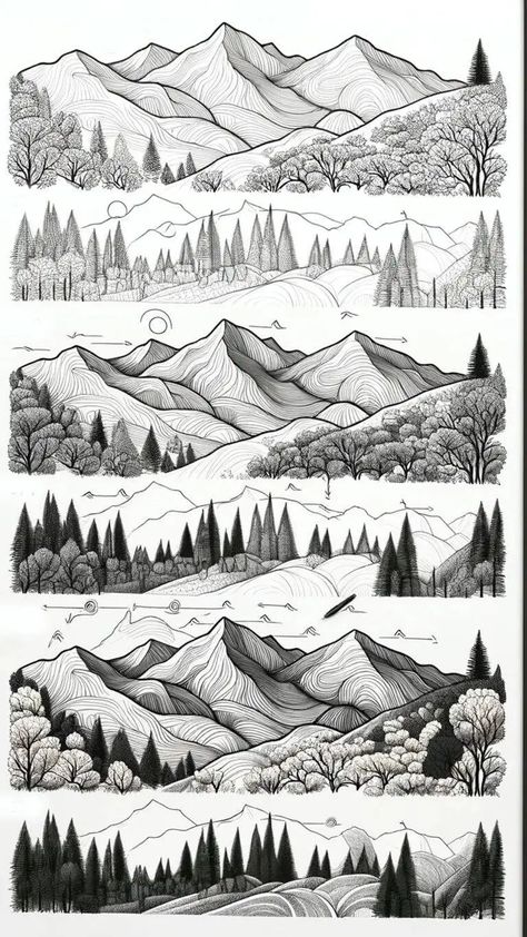 Landscape Drawing Practice, Mountain Sketch Simple, Best Drawings Sketches, Landscape Ideas Drawing, Simple Landscape Drawing, Illustrated Landscape, Mountain Landscape Drawing, Scenery Drawing Pencil, Nature Sketches Pencil