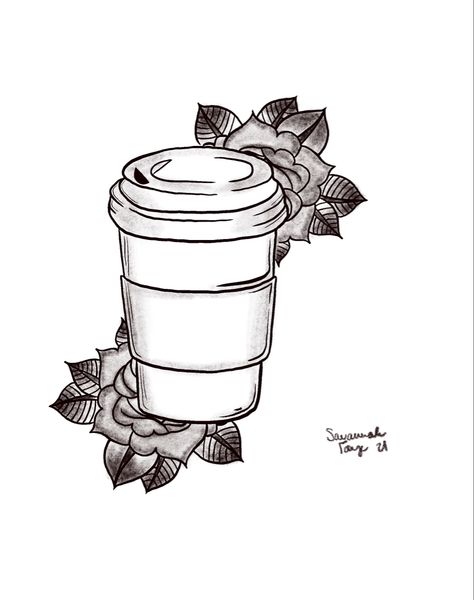 To Go Coffee Cup Tattoo, Starbucks Tattoo, Coffee Lover Tattoo, Coffee Mug Tattoo, Roses Tattoo Design, Coffee Cup Tattoo, Purple Tattoos, Coffee Doodle, Cup Tattoo