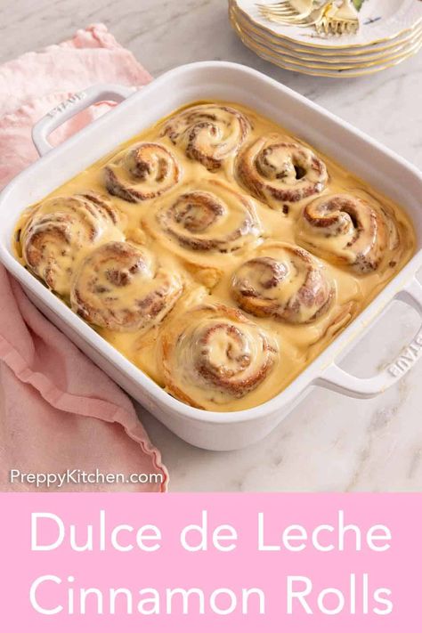 Sweet, buttery, and fluffy, these Dulce de Leche Cinnamon Rolls are such a perfect way to start the day. Always a hit at brunch or breakfast, these cinnamon rolls have a sweet layer of dulce de leche running through them and are topped with a dulce de leche cream cheese glaze. They are such a decadent treat and easy to make from scratch. Leche Asada, Make From Scratch, Preppy Kitchen, Easy Brunch Recipes, Cream Cheese Glaze, Cinnamon Rolls Homemade, Bread Bun, Cinnamon Rolls Recipe, Sweet Roll