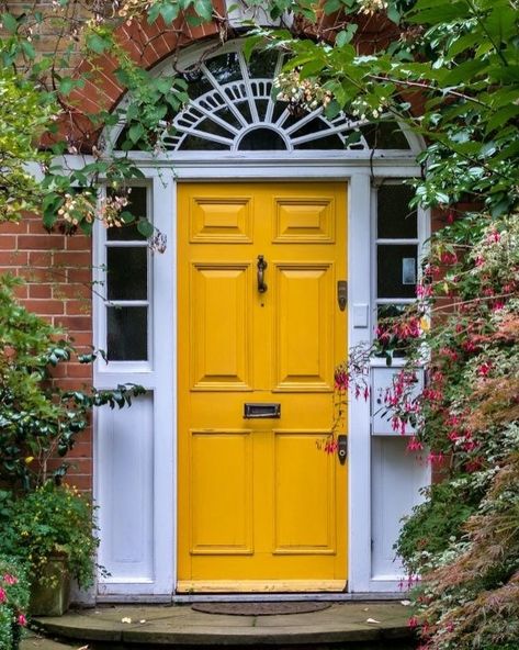 Weekend Sunshine Vibes and embrace this gorgeous bold front door, spring is here 💜 An easy way to add new life to the outside is to paint your door a new color. You only need a quart of paint and the color options are endless 💜💜💜👌 #Spring #Colour #FrontDoor #Vibrant #WeekendProject victorianemporium 💜 #victorianhouse #georgianhouse #periodhome #periodhouse #renovation #restoration #renovationproject #georgianrenovation #victorianrenovation #edwardianrenovation #architecture #19thcenturyhou... Yellow Entry Door, Bold Front Door, Yellow Front Doors, Victorian Renovation, Victorian Floor Tiles, London Townhouse, Yellow Doors, House Front Door, Countryside House