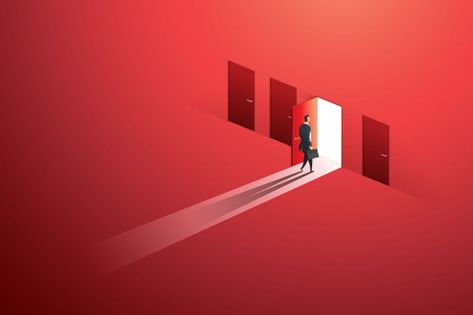 Businessman walking open door of choice ... | Premium Vector #Freepik #vector #light #man #wall #door Door Opening Illustration, Door Surrealism, Door Poster Design, Door Concept Art, Door Graphic Design, Open Door Illustration, Door Animation, Door Illustration, Walking Up Stairs