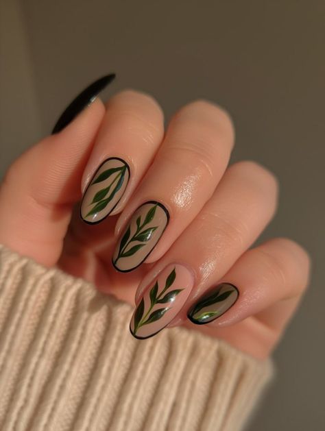 Nail Ideas Green Short, Green Monochrome Nails, Earthy Nails Short, Olive Branch Nails, Nature Nails Acrylic, Green Leaves Nails, Simple Christmas Nails Green, Jungle Nails Design, Fern Nails